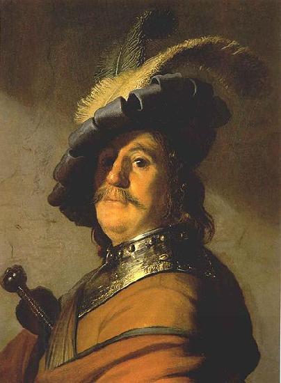 Rembrandt van rijn Bust of a man in a gorget and a feathered beret.